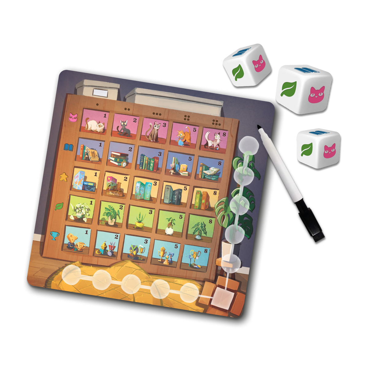 Componenti del gioco My Shelfie The Dice Game - dadi, tessere libreria e plancia giocatore su tavolo in legno