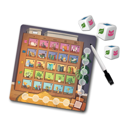 Componenti del gioco My Shelfie The Dice Game - dadi, tessere libreria e plancia giocatore su tavolo in legno
